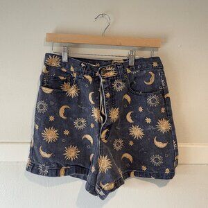 Vintage Not Guilty Denim Celestial Sun Moon + Stars All Over Print Jean Shorts